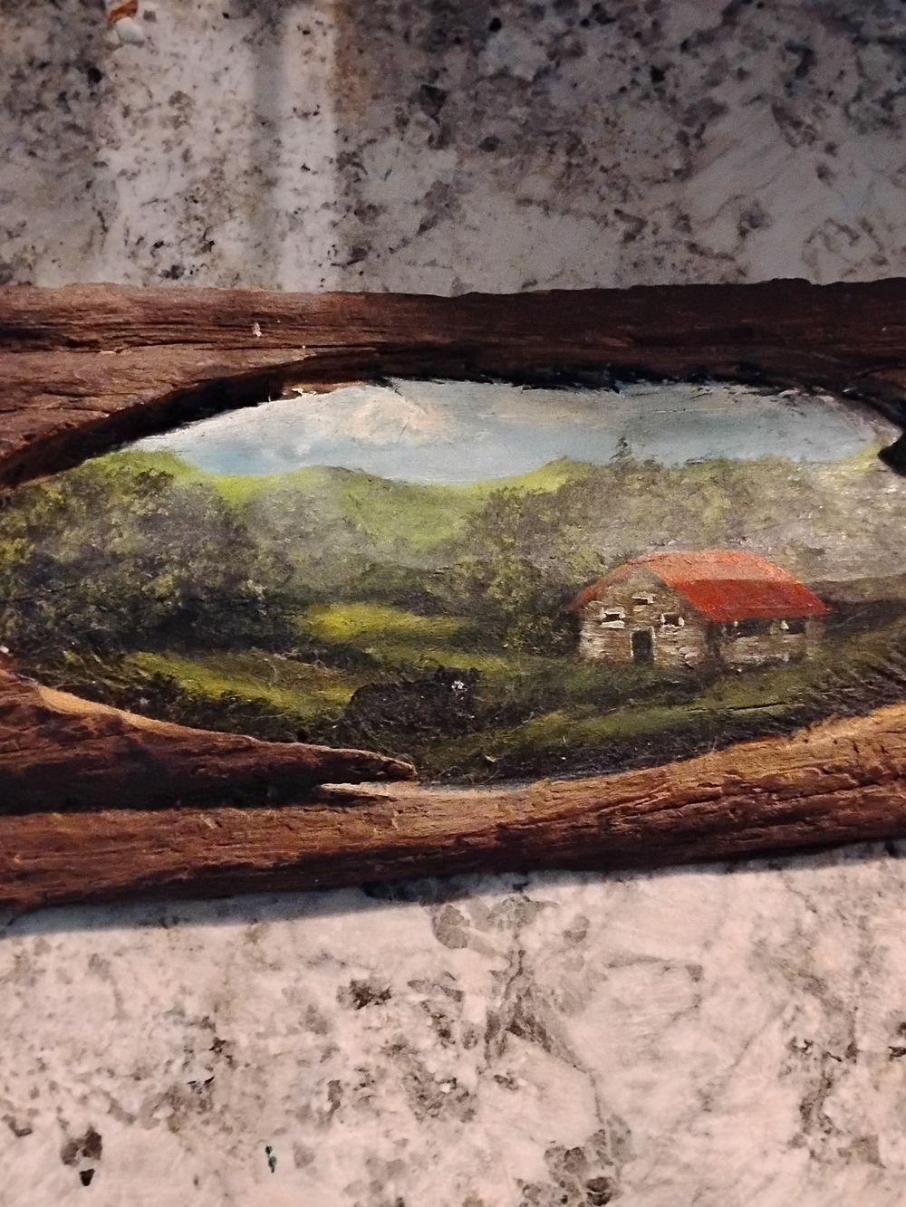 Hand-Oil Paint Driftwood Mountain Landscape Wall Art in Green and Red
